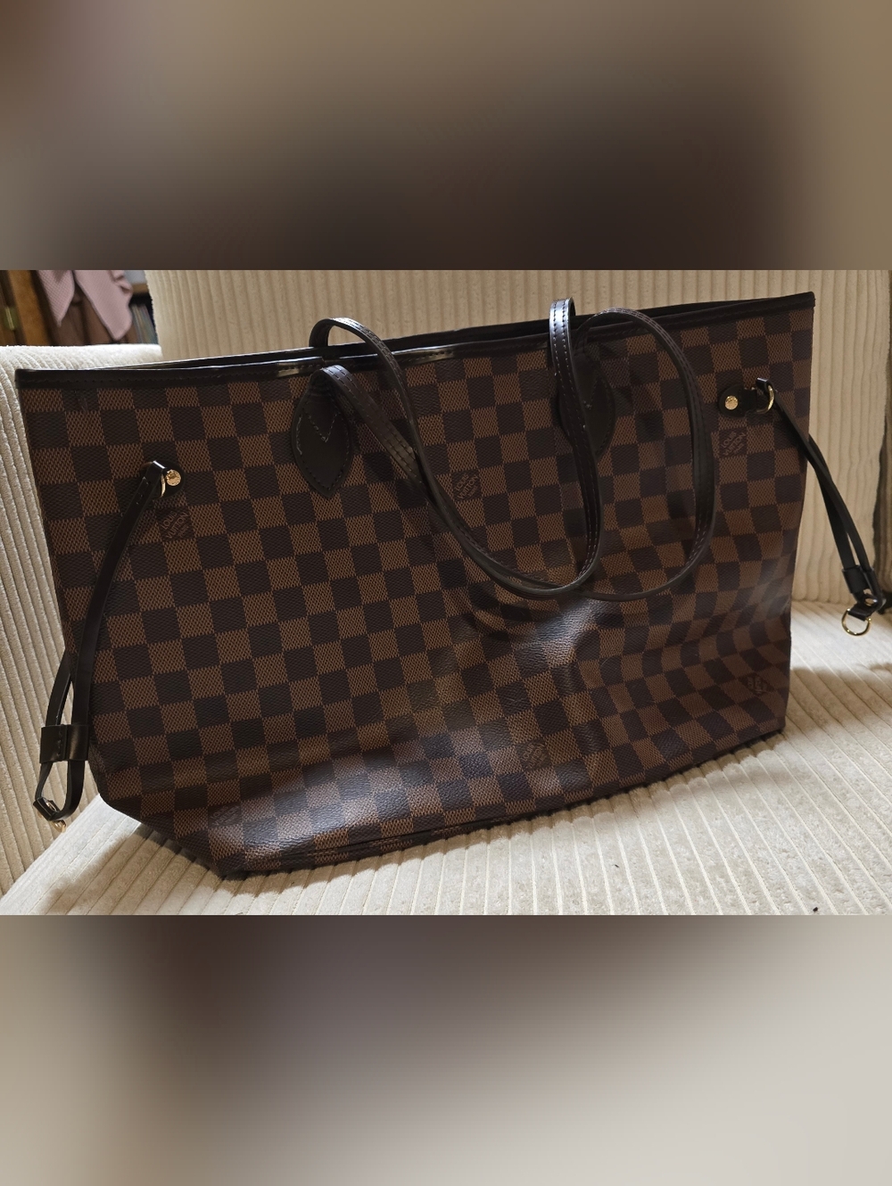 Source Unknown Brown Checkered Tote Bag with Dark Brown Handles